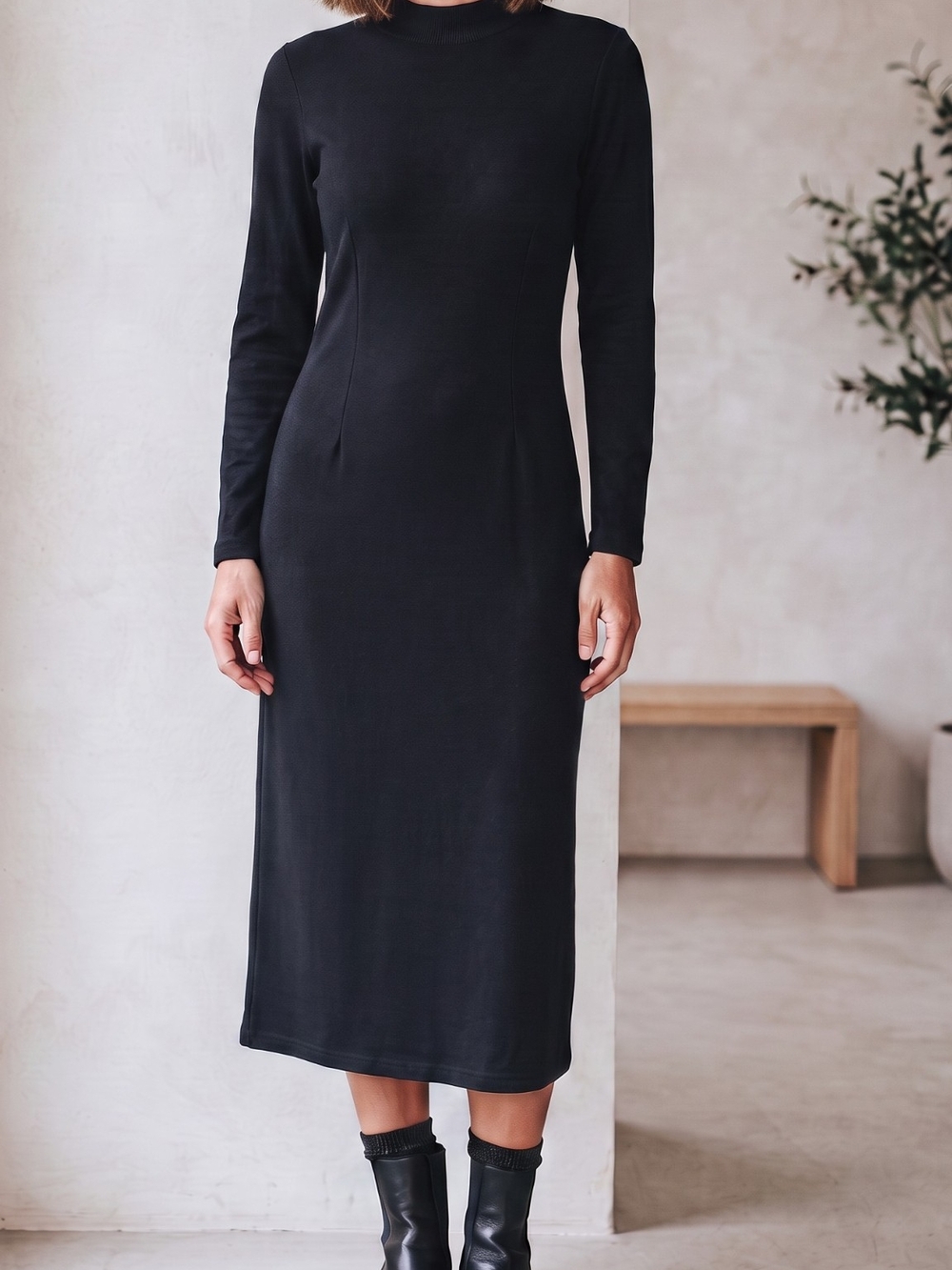 Vintage Long Sleeve Black Midi Dress with High Neck